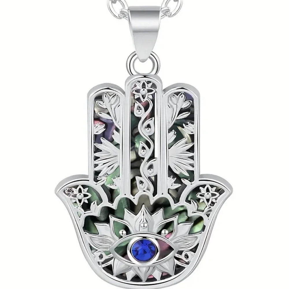 NWT Hamsa Hand Evil Eye Abalone Shell Necklace